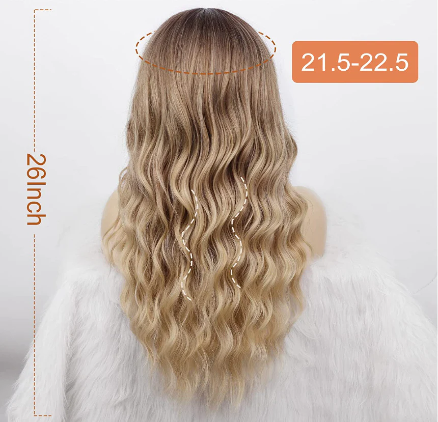 Blonde Platinum Wig Long Curly Synthetic Hair with Bangs Wave Dark Roots - Image 3