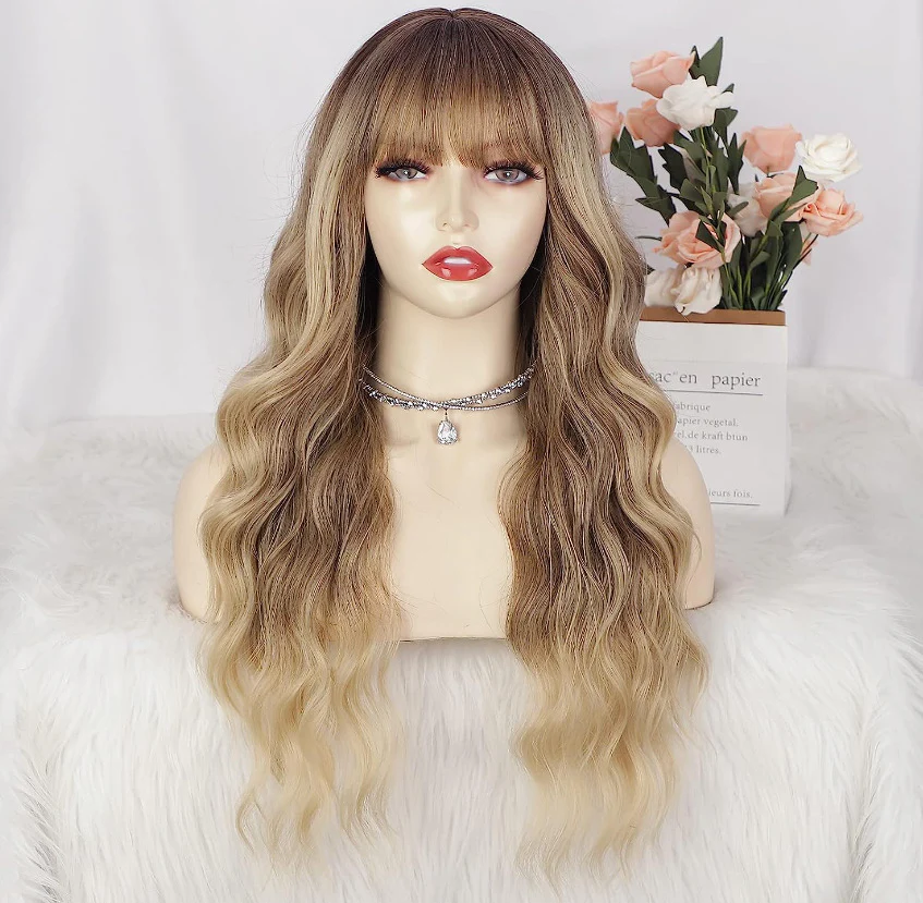 Blonde Platinum Wig Long Curly Synthetic Hair with Bangs Wave Dark Roots - Image 5