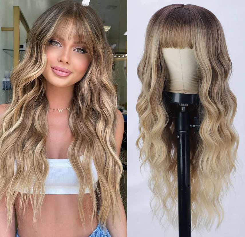 Blonde Platinum Wig Long Curly Synthetic Hair with Bangs Wave Dark Roots - Image 6